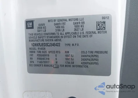 2012 Chevrolet Traverse 2Lt from USA, damaged, VIN 1GNKRJED3CJ346422